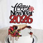 Happy New Year 2026 Cake Topper-Winter Xmas Holiday Cake Decor, Hello 2026 New Year's Eve/Christmas/Happy Holidays Party Decorations (Design 2-Black Red)