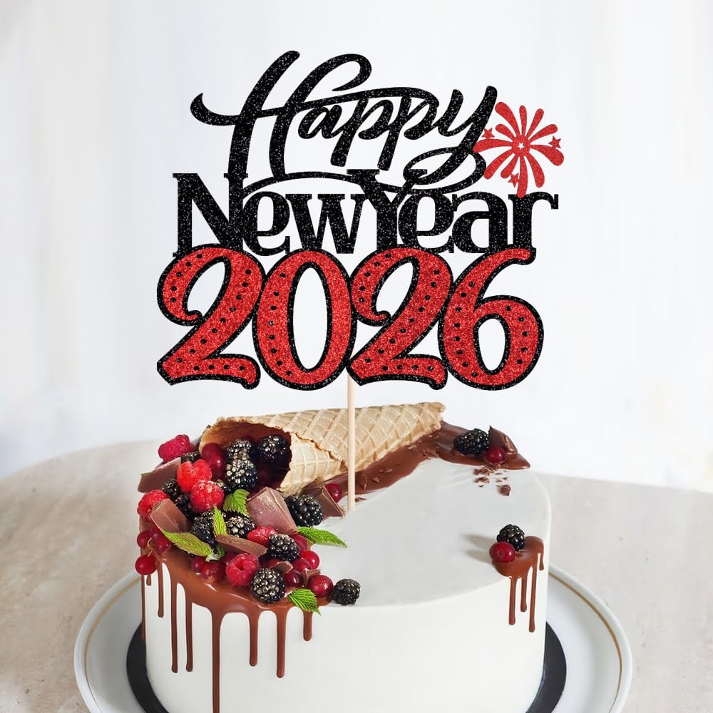 Happy New Year 2026 Cake Topper-Winter Xmas Holiday Cake Decor, Hello 2026 New Year's Eve/Christmas/Happy Holidays Party Decorations (Design 2-Black Red)