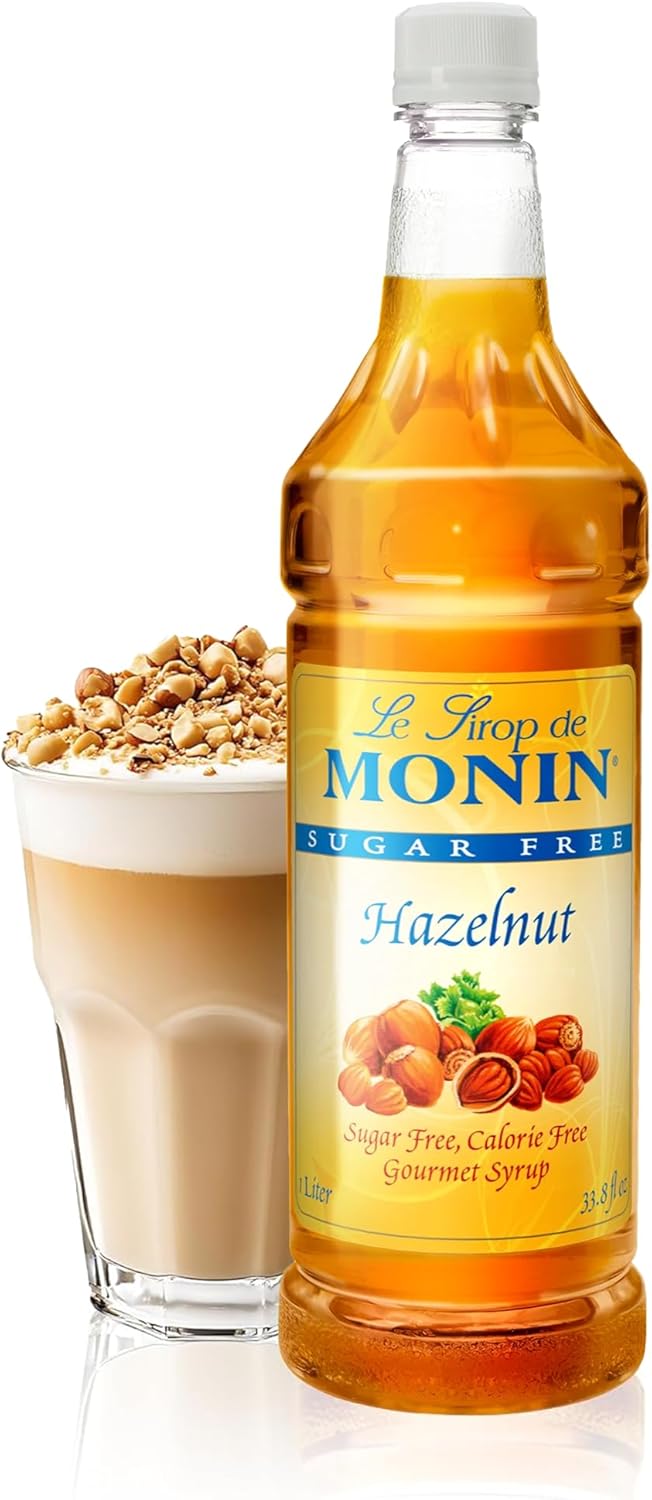 Monin - Sugar Free Hazelnut Syrup, Nutty Taste of Caramelized Hazelnut, Natural Flavors, Great for Mochas, Lattes, Smoothies, Shakes, and Cocktails, Non-GMO, Gluten-Free (1 Liter)