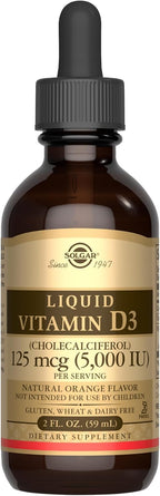 Solgar Liquid Vitamin D3 125 mcg (5,000 IU) - 2 fl oz - Delicious, Natural Orange Flavor - Helps Maintain Healthy Bones & Teeth - Immune System Support - Gluten Free, Dairy Free, Kosher - 59 Servings