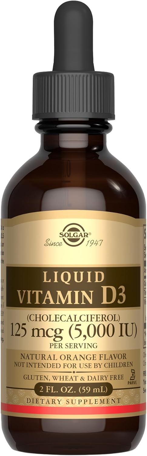 Solgar Liquid Vitamin D3 125 mcg (5,000 IU) - 2 fl oz - Delicious, Natural Orange Flavor - Helps Maintain Healthy Bones & Teeth - Immune System Support - Gluten Free, Dairy Free, Kosher - 59 Servings