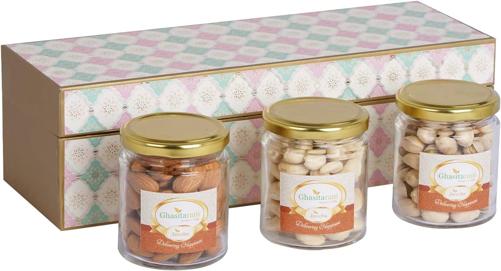 Ghasitaram Gifts Jaiccha Printed Box 3 Jars of Cashews, Almonds, Pistachios |Diwali Gifts,Holi,Rakhi,Valentine,Christmas,Birthday,Anniversary,Gift for Her,Him,Mothers Day,Fathers Day|