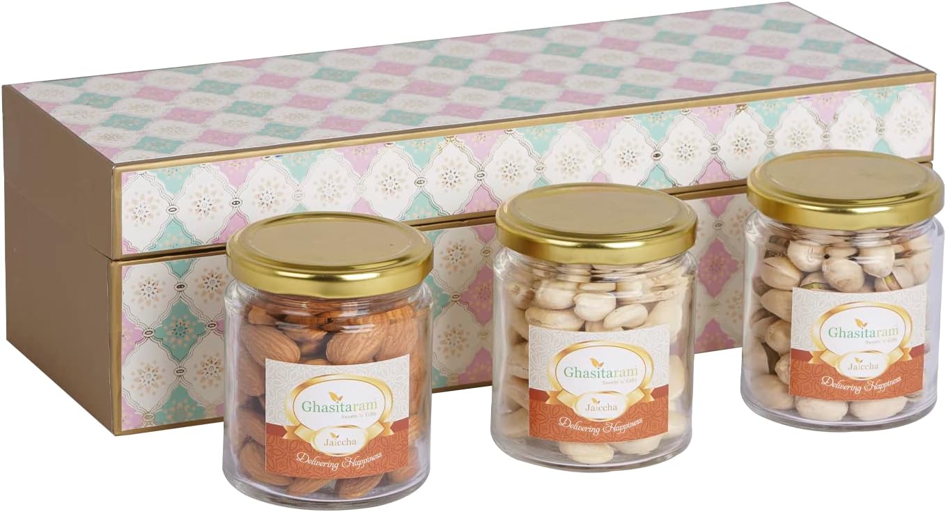Ghasitaram Gifts Jaiccha Printed Box 3 Jars of Cashews, Almonds, Pistachios |Diwali Gifts,Holi,Rakhi,Valentine,Christmas,Birthday,Anniversary,Gift for Her,Him,Mothers Day,Fathers Day|