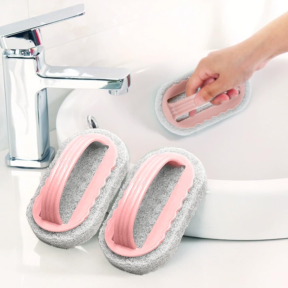 2PCS Magic Cleaning Sponge,Shower Cleaner Brush,Multi Function Handheld Cleaning Sponge Brush,for Kitchen and Bathroom Ideal for Glass Walls and Ceramics,Pink