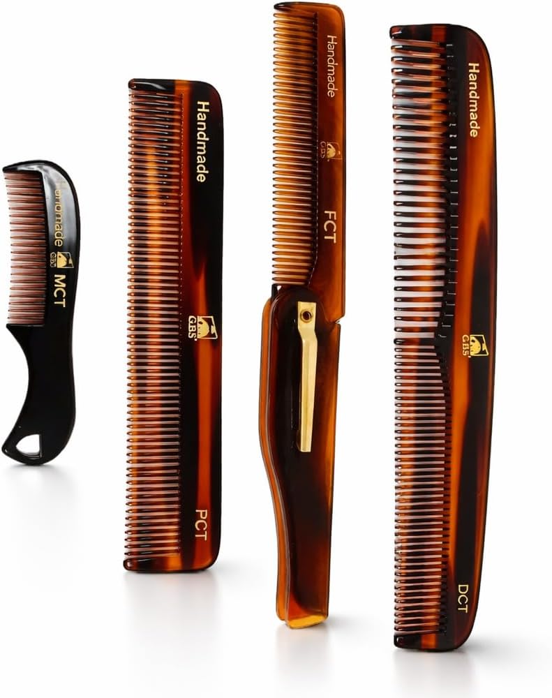 Handmade Tortoise Shell Comb Set – Pack of 4 Premium Fine-Tooth Combs for Men & Women – Includes Pocket, Folding, Dressing & Mustache Combs – Stylish Hair & Beard Grooming Kit