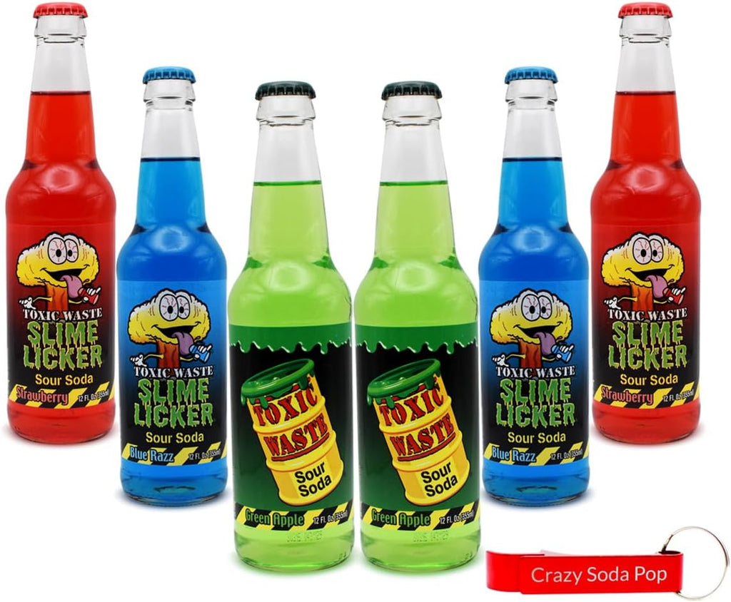 Toxic Waste Soda Variety Pack | 6 Pack of 3 Unique Pucker Inducing Flavors of Soda Pop with Real Cane Sugar | 12 oz Glass Bottles in a Mixed Sampler with Crazy Soda Pop Bottle Opener