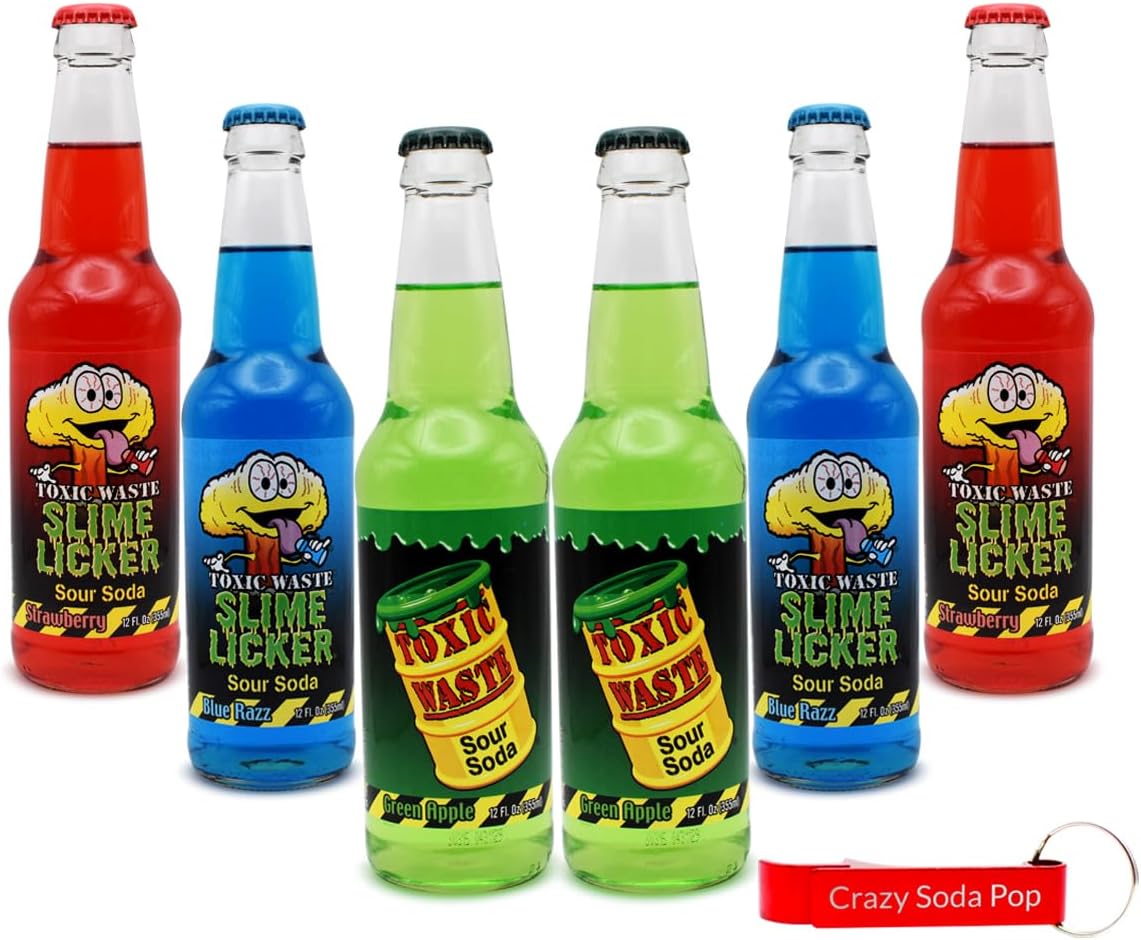 Toxic Waste Soda Variety Pack | 6 Pack of 3 Unique Pucker Inducing Flavors of Soda Pop with Real Cane Sugar | 12 oz Glass Bottles in a Mixed Sampler with Crazy Soda Pop Bottle Opener