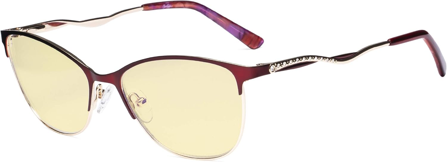 Eyekepper Ladies Blue Light Blocking Glasses with Yellow Filter Lens - Semi Rimless Computer Eyeglasses Women - UV420 Cateye Eyewear with Crystals - Red