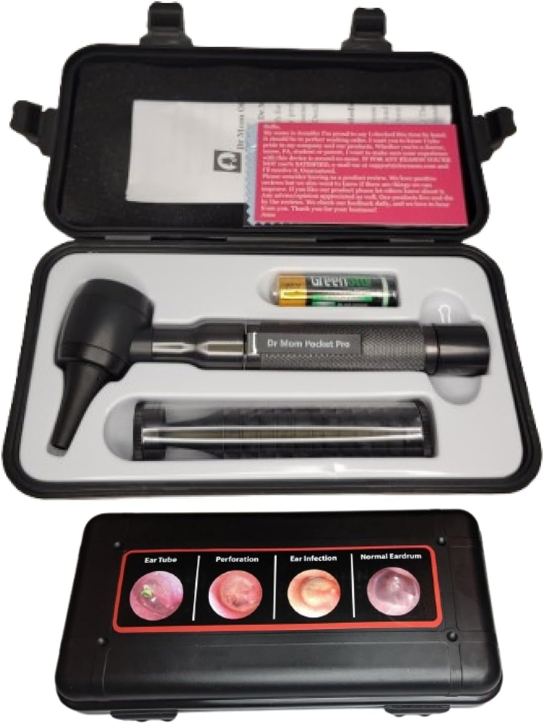 4th Generation Doctor Mom LED Pocket Pro Otoscope with Both Adult and Pediatric Disposable Specula Tips, Battery, and Protective Hard Plastic Case - Black