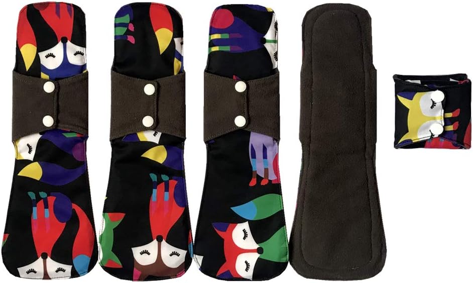 MUMBABY 5pcs 30.5cm / 12inch (Fit) Heavy Flow Charcoal Bamboo Mama Cloth/Menstrual Pads/Reusable Sanitary Pads (Fox, Large)