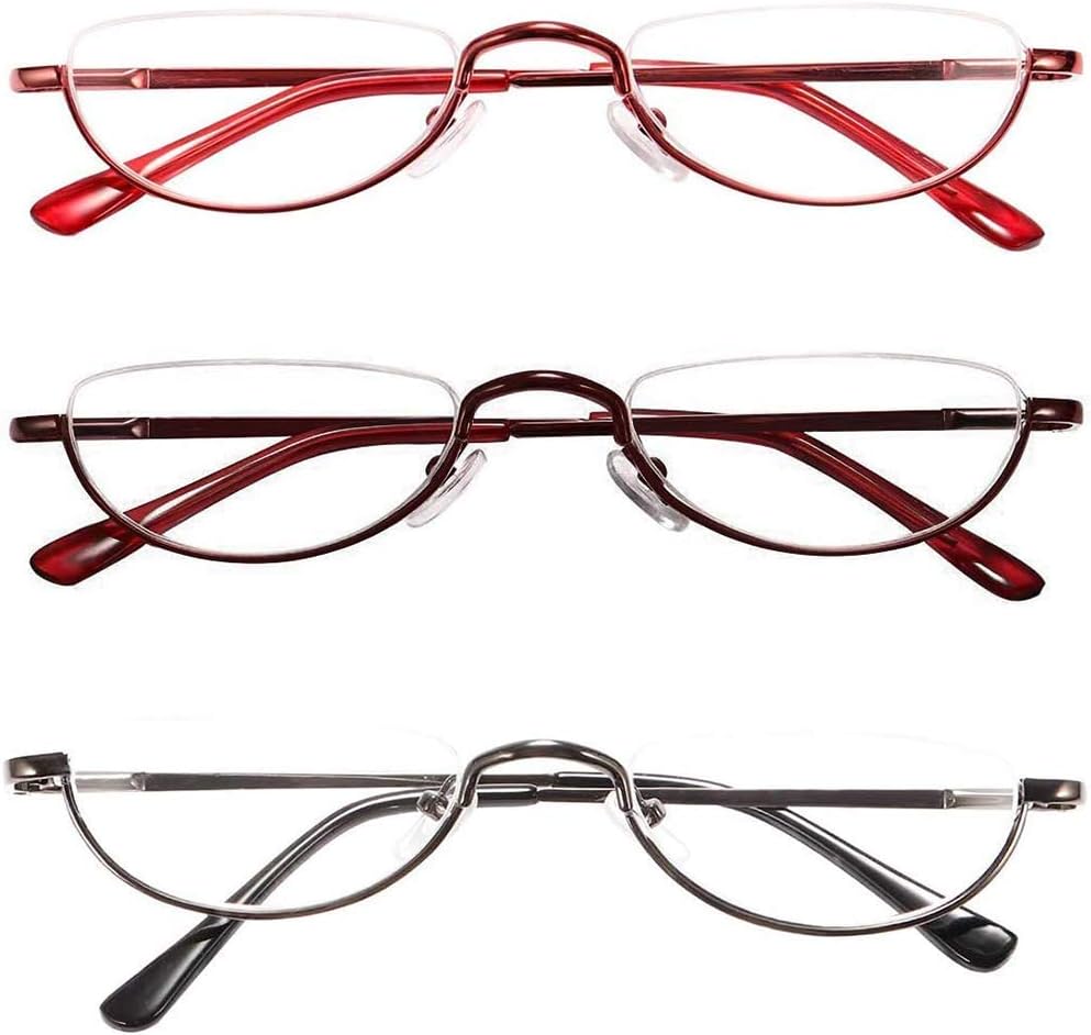 KoKoBin Newly Upgraded Translucent Reading Glasses 3 Pairs of Half-Frame Metal Frame Glasses Spring Hinge Reader for Men and Women, red. Brown. Gunmetal 1.50