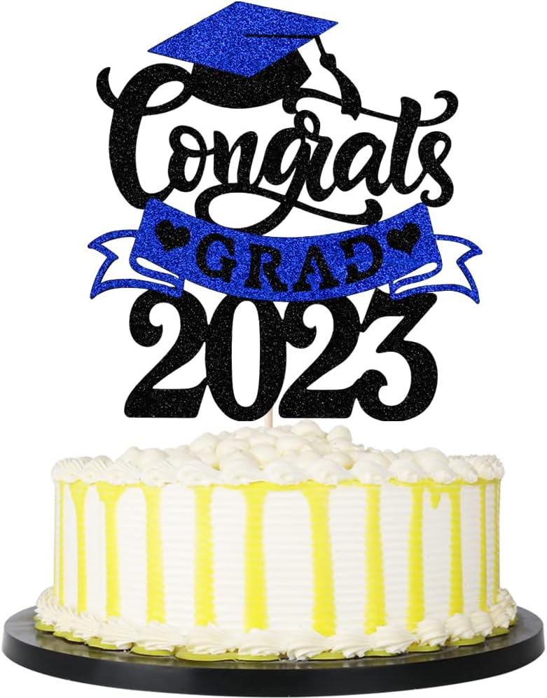 Palasasa Congrats Grad 2023 Cake Topper, Glitter Class of 2023 High School/College/Senior Graduation Party Decorations Supplies (Black and Blue)