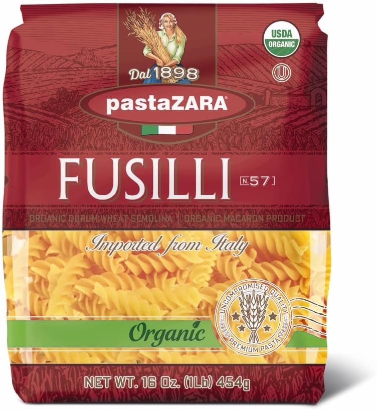 PASTA ZARA - Fusilli - Organic - 100% Italian Pasta, Made with Durum Wheat Semolina Flour, Non GMO, Kosher (1 LB. BAG) - Consistently al Dente.