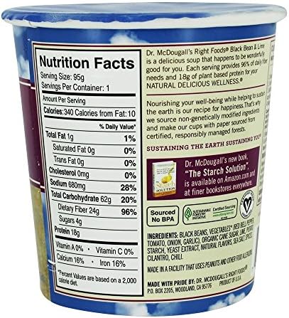 Dr McDougalls Right Foods Black Bean and Lime Big Cup Soup, 3.4 Ounce - 6 per case.6