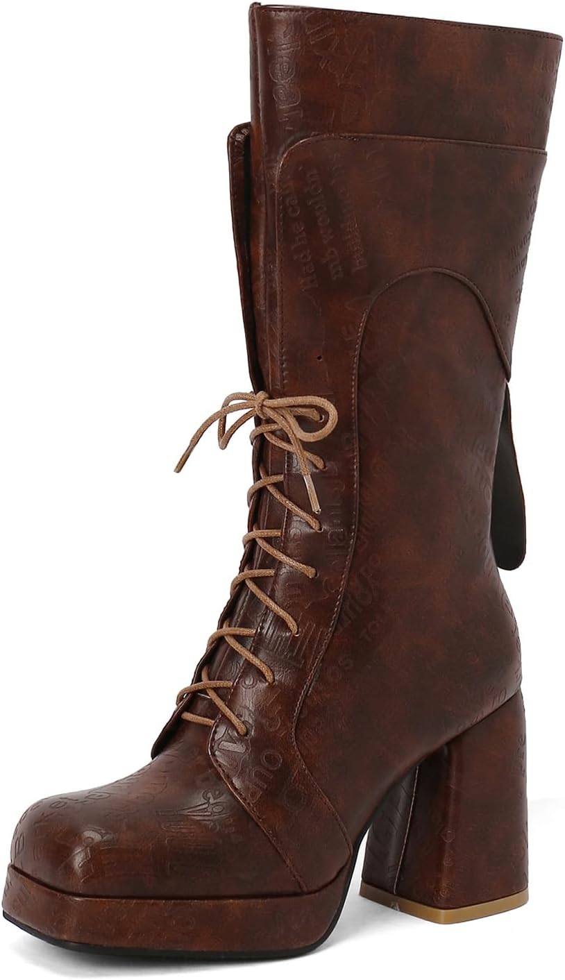 Fashion Platform Heel Knee High Boots GoGo Boots of the 70s Round Toe Disco Boots Chunky High Heels Lace Up Long Boots
