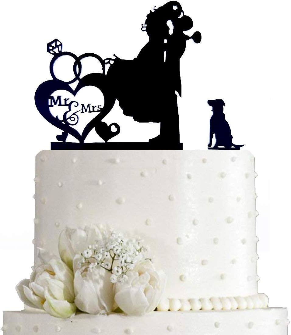 Wedding Couple Kiss, Mr&Mrs Heart Diamond Ring Cake Topper, Bride and Groom with Dog Silhouette Cake Topper (Black)