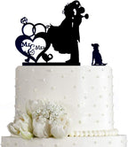 Wedding Couple Kiss, Mr&Mrs Heart Diamond Ring Cake Topper, Bride and Groom with Dog Silhouette Cake Topper (Black)