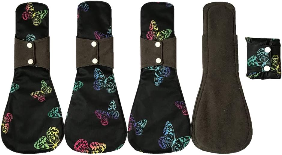 MUMBABY 5pcs 14 Inch Overnight Charcoal Bamboo Mama Cloth/Menstrual Pads/Reusable Sanitary Pads (Black Butterfly, X-Large)