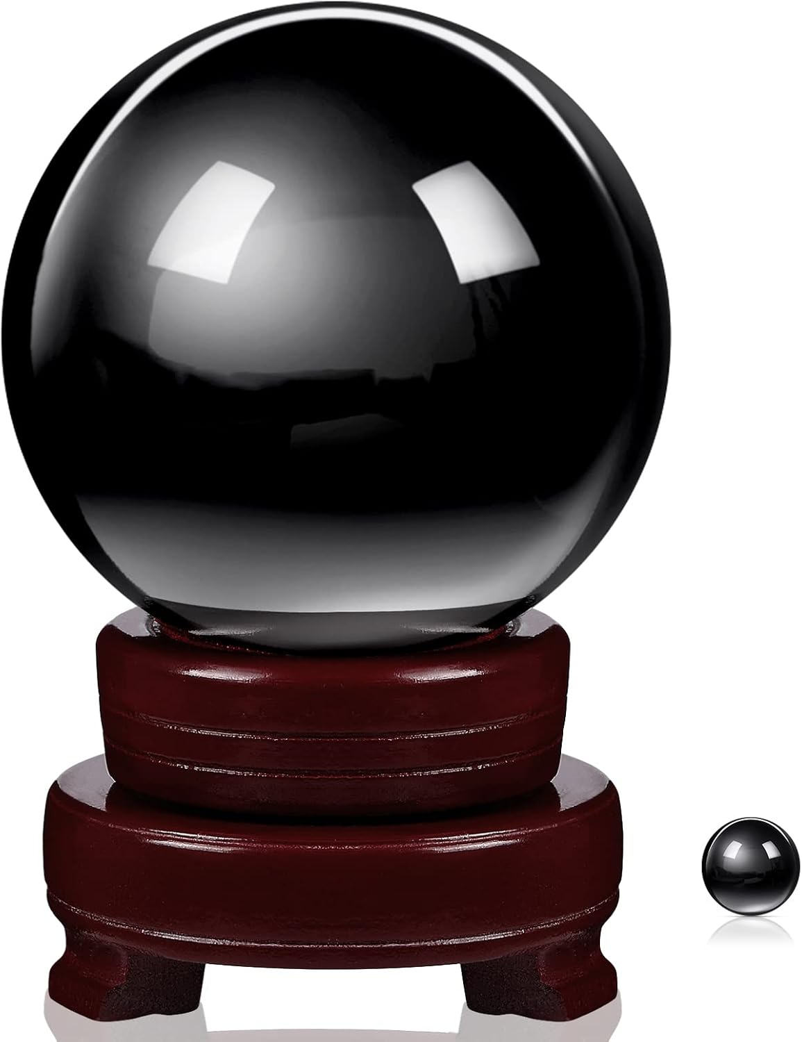 CHENGU 2 Pieces Obsidian Crystal Ball Set with Wooden Stand 80 mm and 20 mm Clear Crystal Ball Decorative Obsidian Sphere for Home Decorations Meditation Healing Witchcraft(Black)