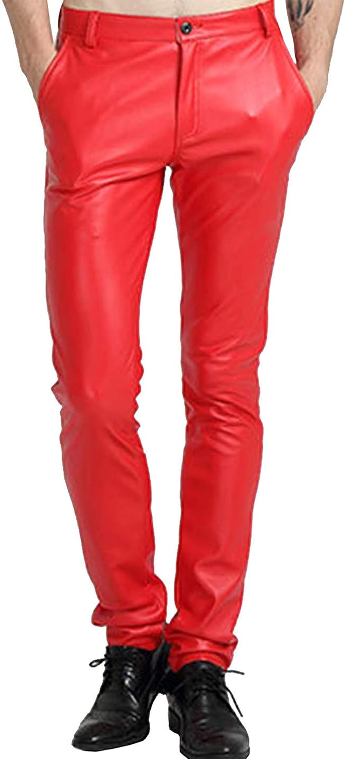 Yeokou Men's Faux Leather Pants Skinny Straight Leg Tapered Motorcycle Biker Pants PU Stretchy Trousers Streetwear