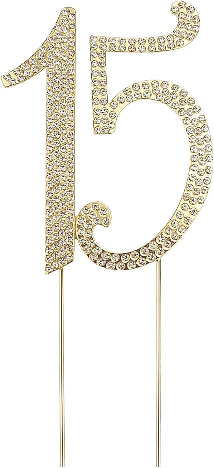 15th Birthday Cake Topper, Gold Sparkly Bling Number 15 Cake Decoration with Crystal Rhinestones for Anniversary Party Decor