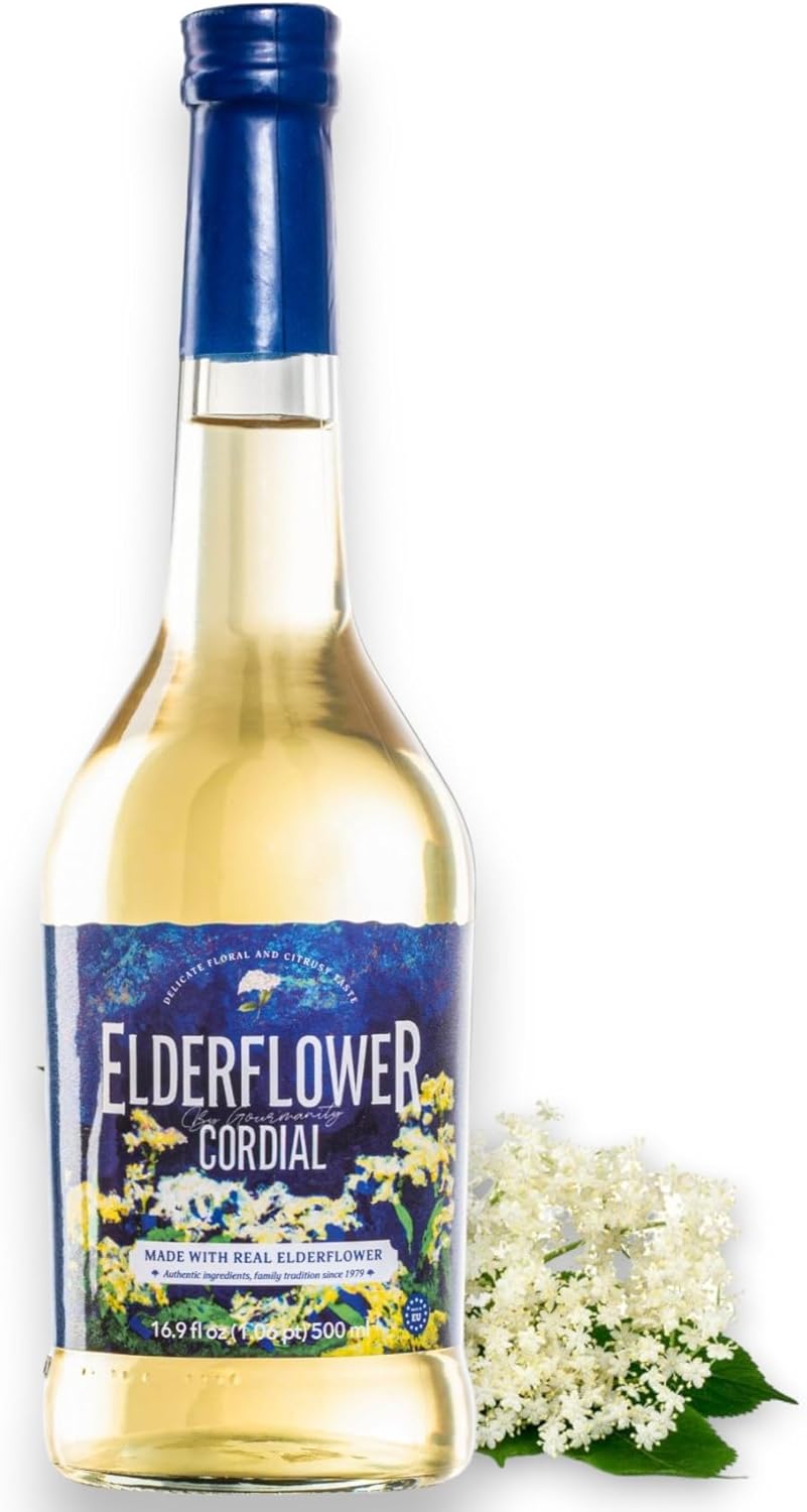 Gourmanity Elderflower Syrup, All Natural 3 Ingredient Elderflower Cordial, Floral & Fresh Elderberry Flower Syrup (500ml/16.9 fl oz Glass Bottle)