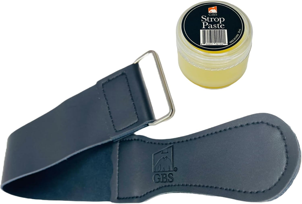 G.B.S Black Leather Razor Strop – Handmade Grain Leather Strop with Strop Paste – Professional Honing & Sharpening Strop for Straight Razors, Knives, Chisels & Tools