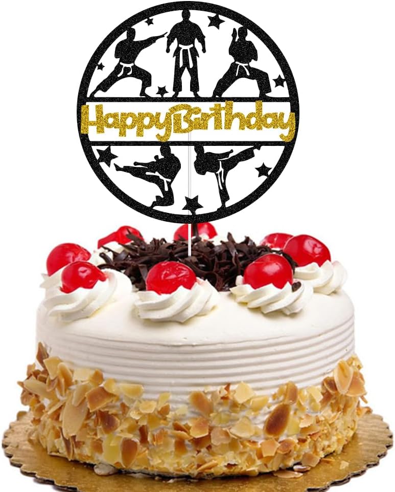 Karate Happy Birthday Cake Topper for Boys Girls Taekwondo Cake Decorations Kung Fu Karate Themed Party Decor Ninja Cake Pick (Gold & Black Glitter)