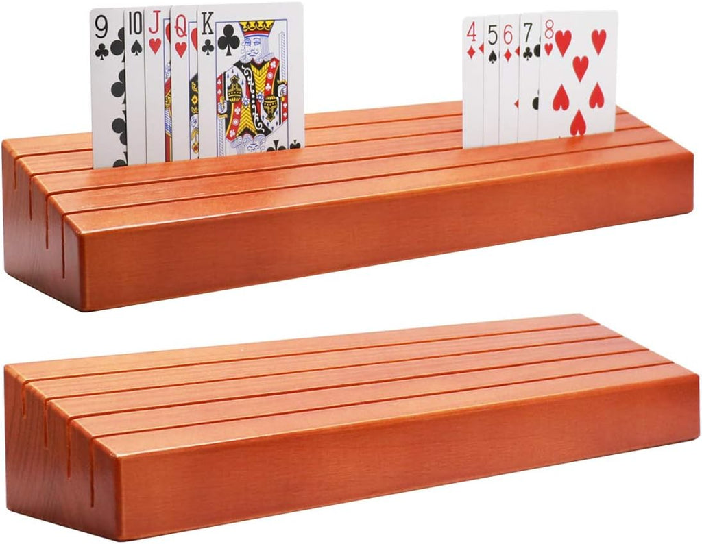 Exqline Wooden Playing Card Holder Set of 2 Solid Card Tray Rack Organizer for Kids Seniors Adults - 13.8 inch* 3.1 Inch Extended Versions Long Enough for Bridge Canasta Strategy Card Playing
