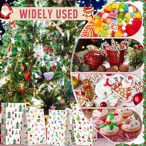 Kolldenn 120 Pcs Christmas Gift Bags Bulk 6 Styles Christmas Treat Bags 9.5 x 5.1 x 3.15 Inch Paper Goodie Pouches for Gifts Candy Snacks Lunch Holiday Party Supplies(Bright)