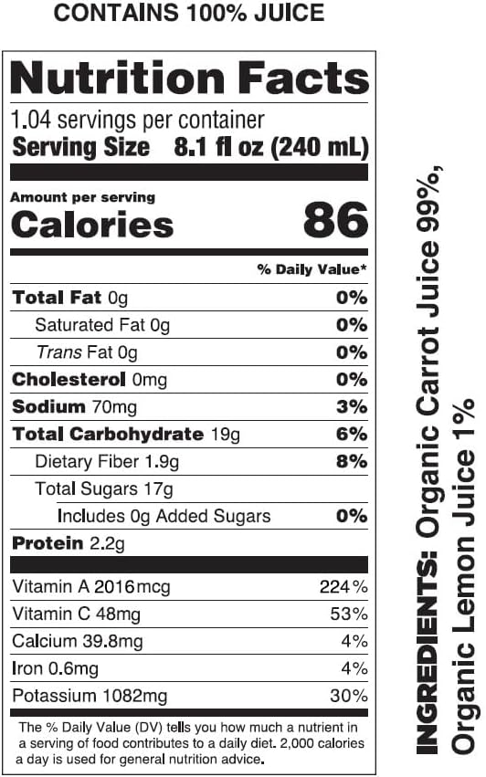 Pomona Organic Carrot Juice, Cold Pressed USDA Organic Juices, 100% Carrots, No Added Sugar, Not From Concentrate, Vegan, Kosher, Non GMO, Pasteurized, 8.4 Ounce (Pack of 12)