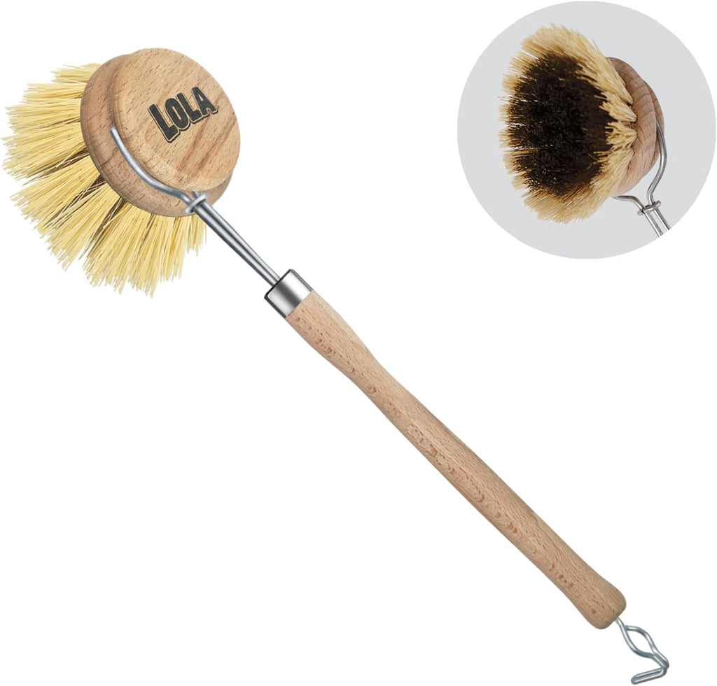 LOLA - The Original- Pot & Pan Brush, Heavy Duty Brass Wire & Tampico Bristles, Handle Made from Sustainable Birch Wood for Cleaning, 1 Pack