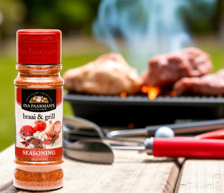 Ina Paarman | Braai & Grill Seasoning | 6.75 oz | Award Winning | Pairs with Beef, Lamb, Chicken, Pork, Fish, Veg | BBQ | Steak | Ribs | Natural Ingredients | Spice | Braai & Grill BBQ Seasoning