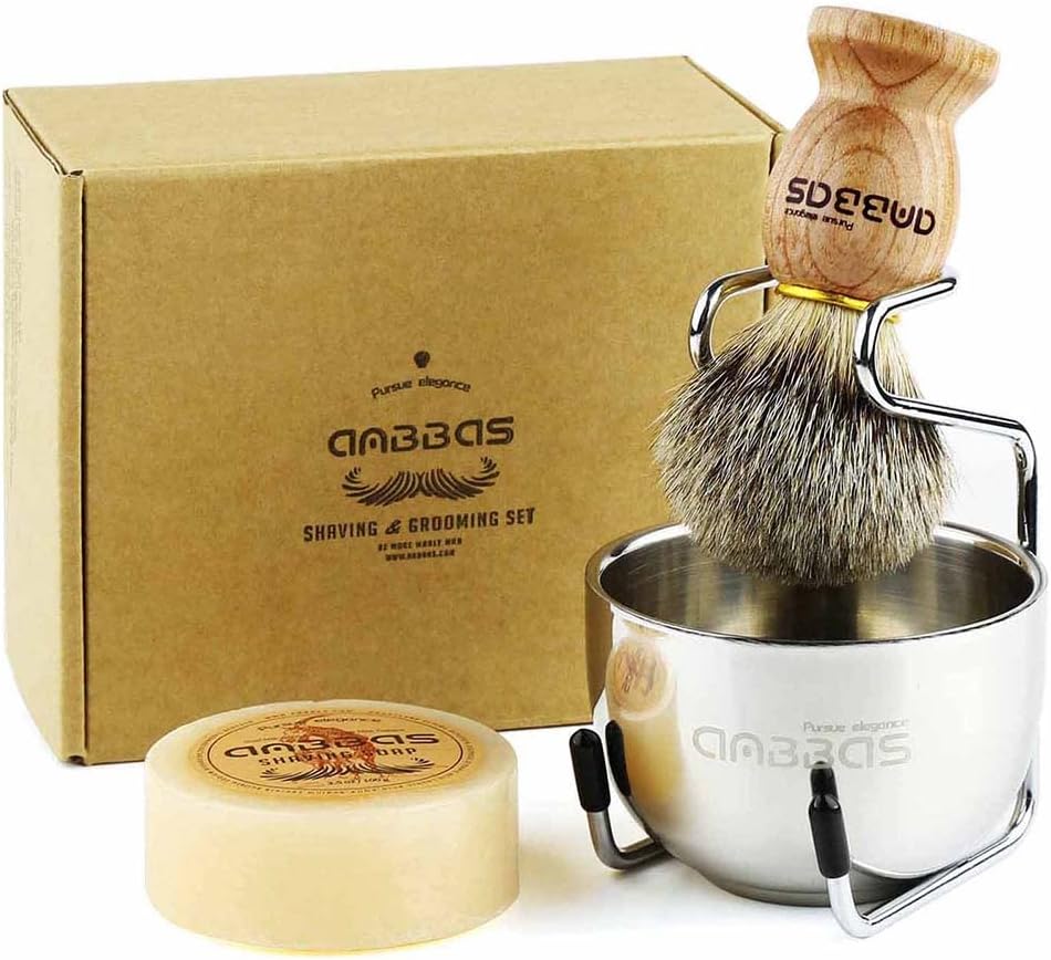 Anbbas 4in1 Badger Hair Shaving Brush Set, with Goat Milk Soap Refill,Stainless Steel Stand Holder and Soap Bowl,Perfect for Men Gift Baber Style Wet Shave