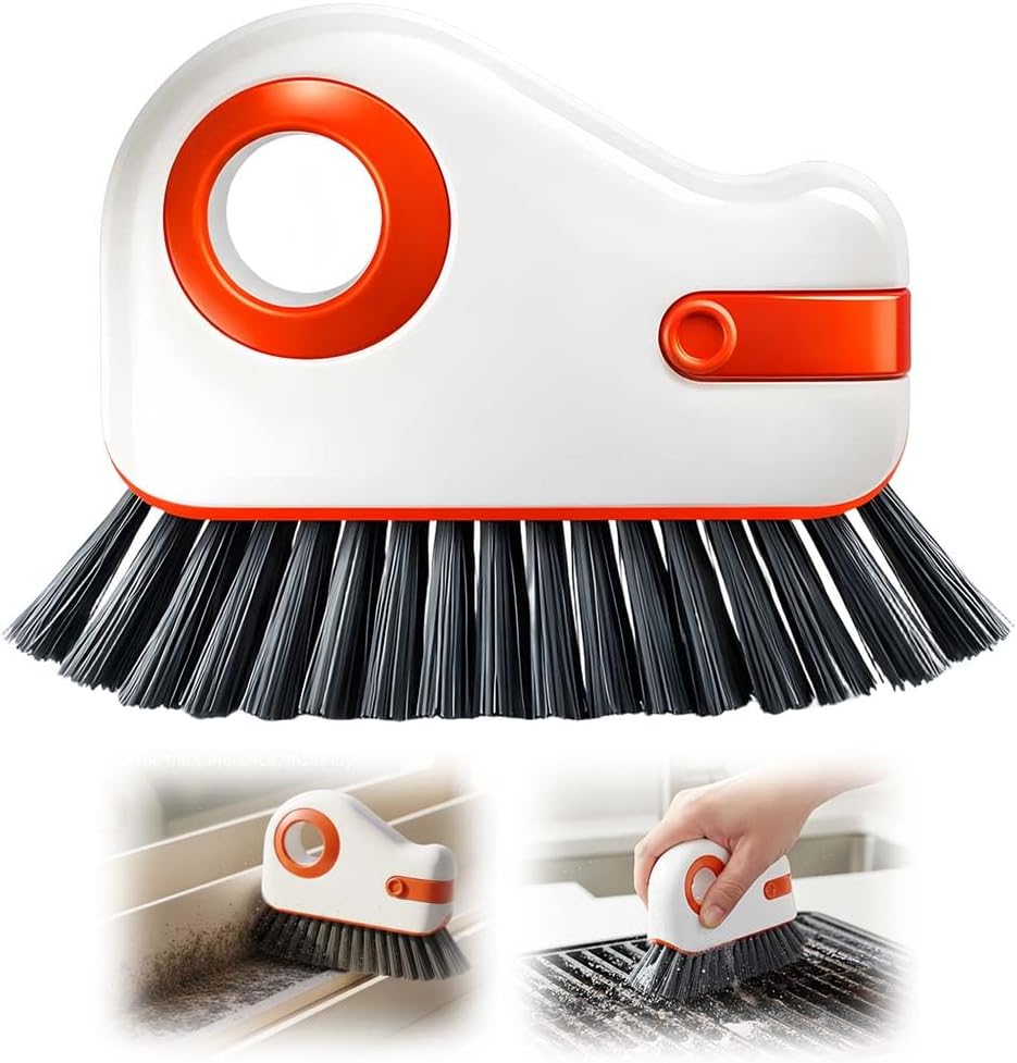 2 in 1 Groove Cleaning Brush, Multifunction Hard Bristle Crevice Cleaner Brush with Hidden Scraper,Window Track Cleaning Tools for Sliding Door Track,Window Sill (Orange)