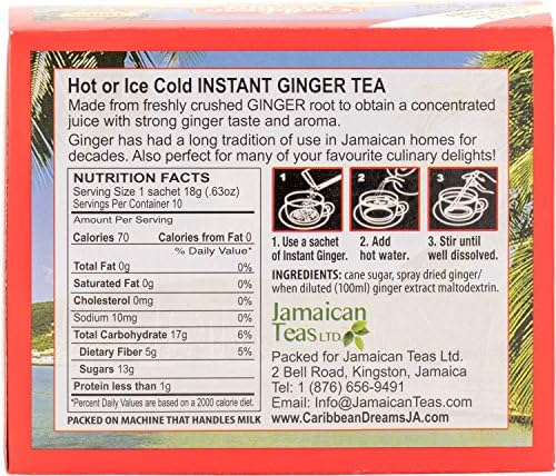 Caribbean Dreams Instant Ginger Tea, 100% Natural from Jamaica, Strong Taste and Aroma, 10 Sachets