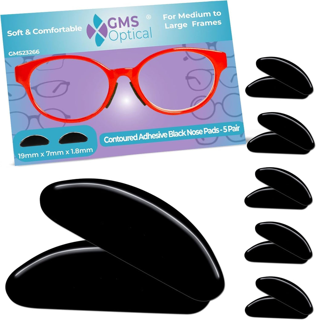 GMS Optical 1.8mm Reg-Thick/19mm Long - Anti-Slip Adhesive Contoured Silicone Nose Pads for Glasses & Sunglasses (5 Pair-1 Pack)(5 Total Pair)(Black)