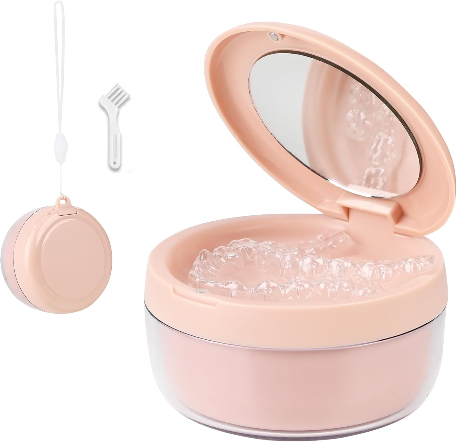 Denture Case, 2-in-1 Retainer Cleaner Case with Mirror & Strainer, Portable Aligner Bath Soaking Cup for Travel, Cute Orthodontic Storage Box for Mouth Guard, Night Guard & False Teeth, Pink
