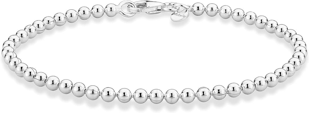 Miabella 925 Sterling Silver Italian Handmade 3mm Bead Ball Strand Chain Bracelet for Women Made in Italy