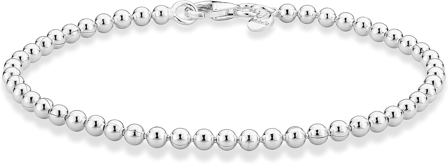 Miabella 925 Sterling Silver Italian Handmade 3mm Bead Ball Strand Chain Bracelet for Women Made in Italy