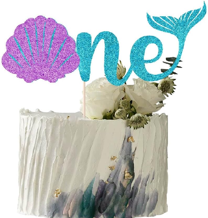 Mermaid One Cake Topper, Baby First Birthday Cake Decor, Under The Sea Theme Photo Décor for Baby Shower/Gender Reveal Party/ 1st Birthday Party Decorations Supplies Glitter(Blue -one)