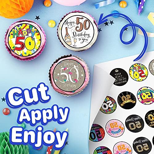 30 x Edible Cupcake Toppers Themed of 50th Happy Birthday Collection of Edible Cake Decorations | Uncut Edible on Wafer Sheet