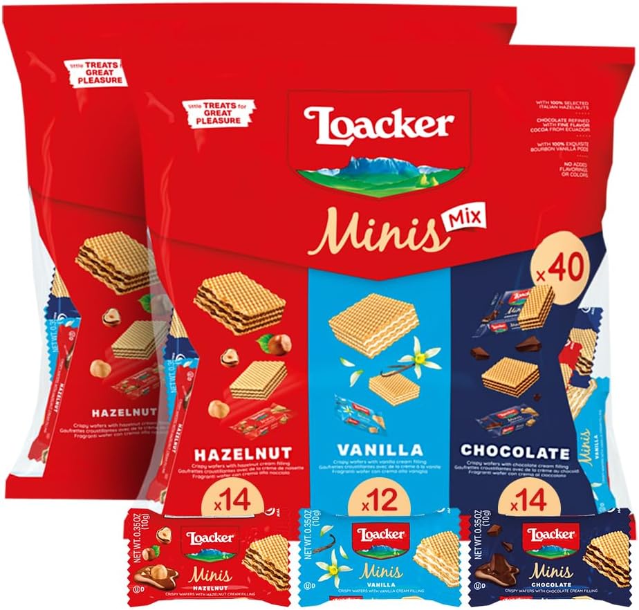 Loacker Minis Wafer Variety Pack - 30% Less Sugar - Premium Assorted Cream Filled Wafer Cookies - Mix of Hazelnut, Chocolate and Vanilla Crispy Wafers - NON-GMO - Sustainably - Pouch (x2) 0.35oz, 80 Individually Wrapped Snack Packs