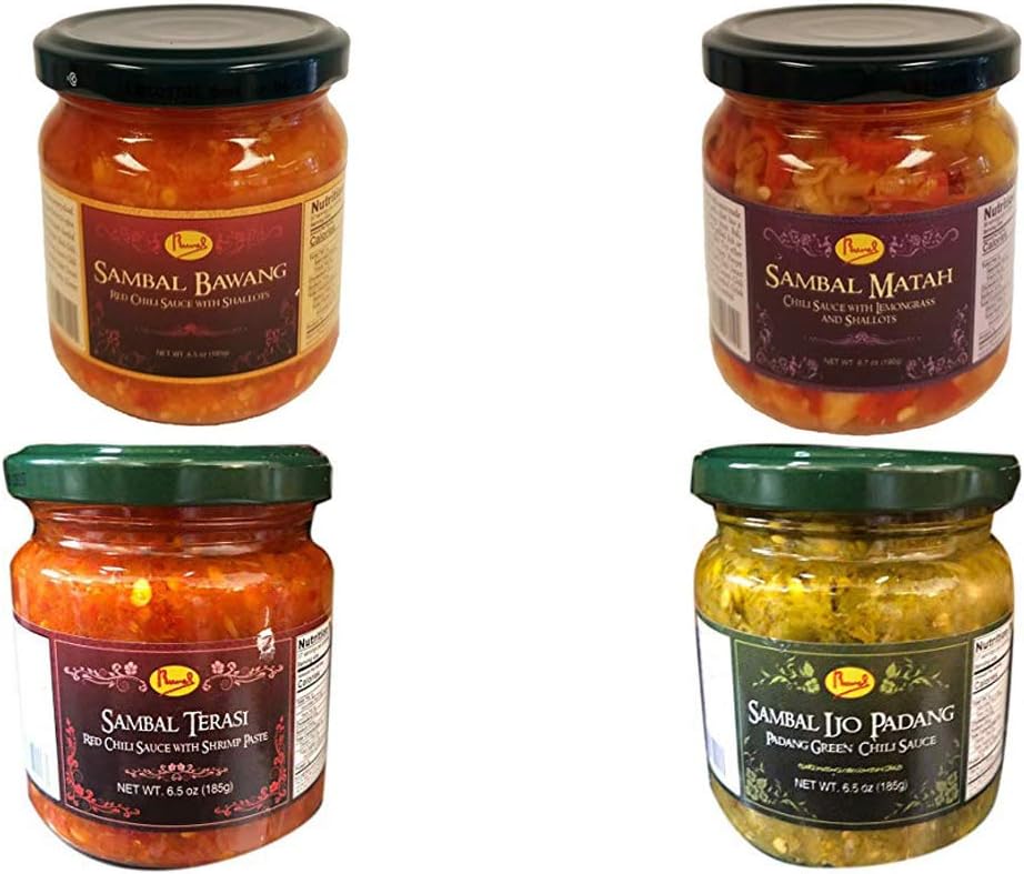 Combo Pack : 1 Sambal Bawang - 185g 1 Sambal Mantah - 185gr 1 Red Chili Sauce With Shrimp Paste (Sambal Terasi) 1 Sambal Ijo - 16.5oz