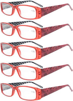 Eyekepper 5-Pack Spring Hinges Polka Dots Patterned Temples Rectangular Reading Glasses Readers Red +1.0