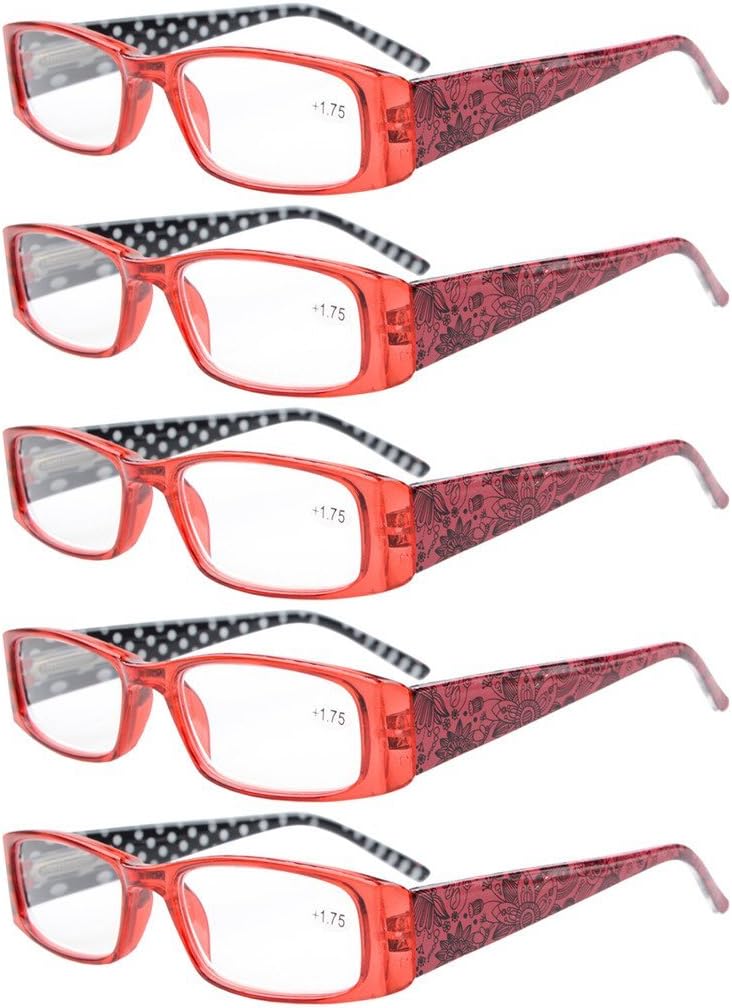 Eyekepper 5-Pack Spring Hinges Polka Dots Patterned Temples Rectangular Reading Glasses Readers Red +2.25