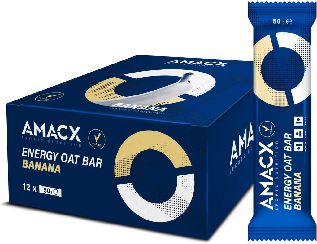AMACX Energy Oat Bar for Endurance Sports – 12 x 50g – Energy Bars Carbohydrate mix (31g) – Vegan Protein Bar with 50mg magnesium – Running & Hiking Snacks – Healthy Oatmeal Power Bars - Banana