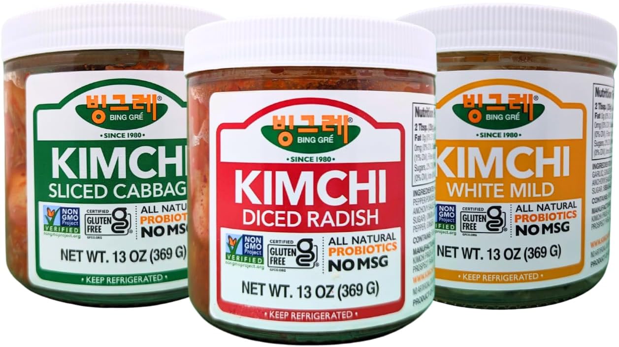 BINGGRE KIMCHI TRIO SAMPLER NAPA CABBAGE FRESH KOREAN KIMCHEE IN KIM CHI kimichi 김치 MOTHER MILD CHEE TEMPEH DAIKON PICKLES WHITE RADISH TWINS JONGGA RAMEN ORGANIC VEGAN NAPPA LAWS MAMA 신라면