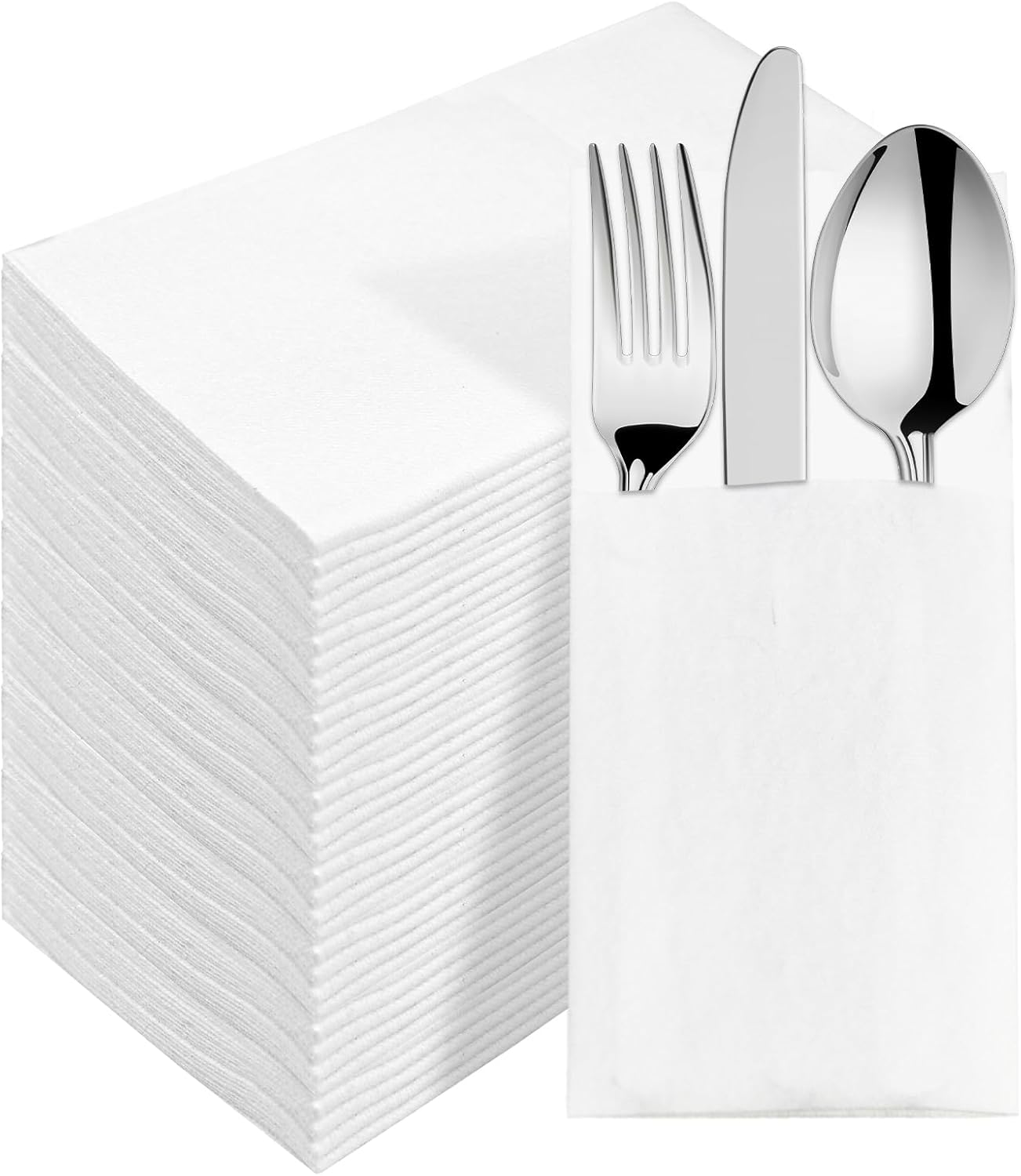CXPSINC White Napkins Disposable with Pocket, 100Pcs Pre-Folded Airlaid Paper Dinner Napkins, Soft and Absorbent for Parties, Weddings, Dinners or Events