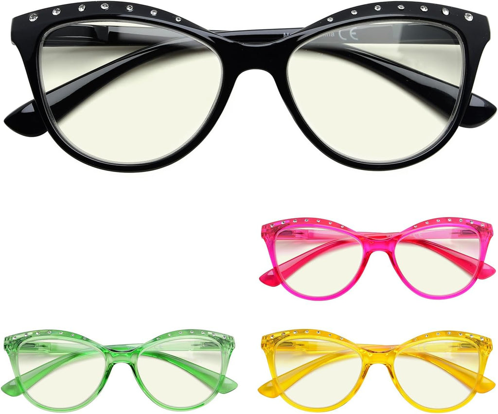 Eyekepper 4-pack Reading Glasses Blue Light Blocking for Women Cat-eye Style Rhinestone Readers +1.75